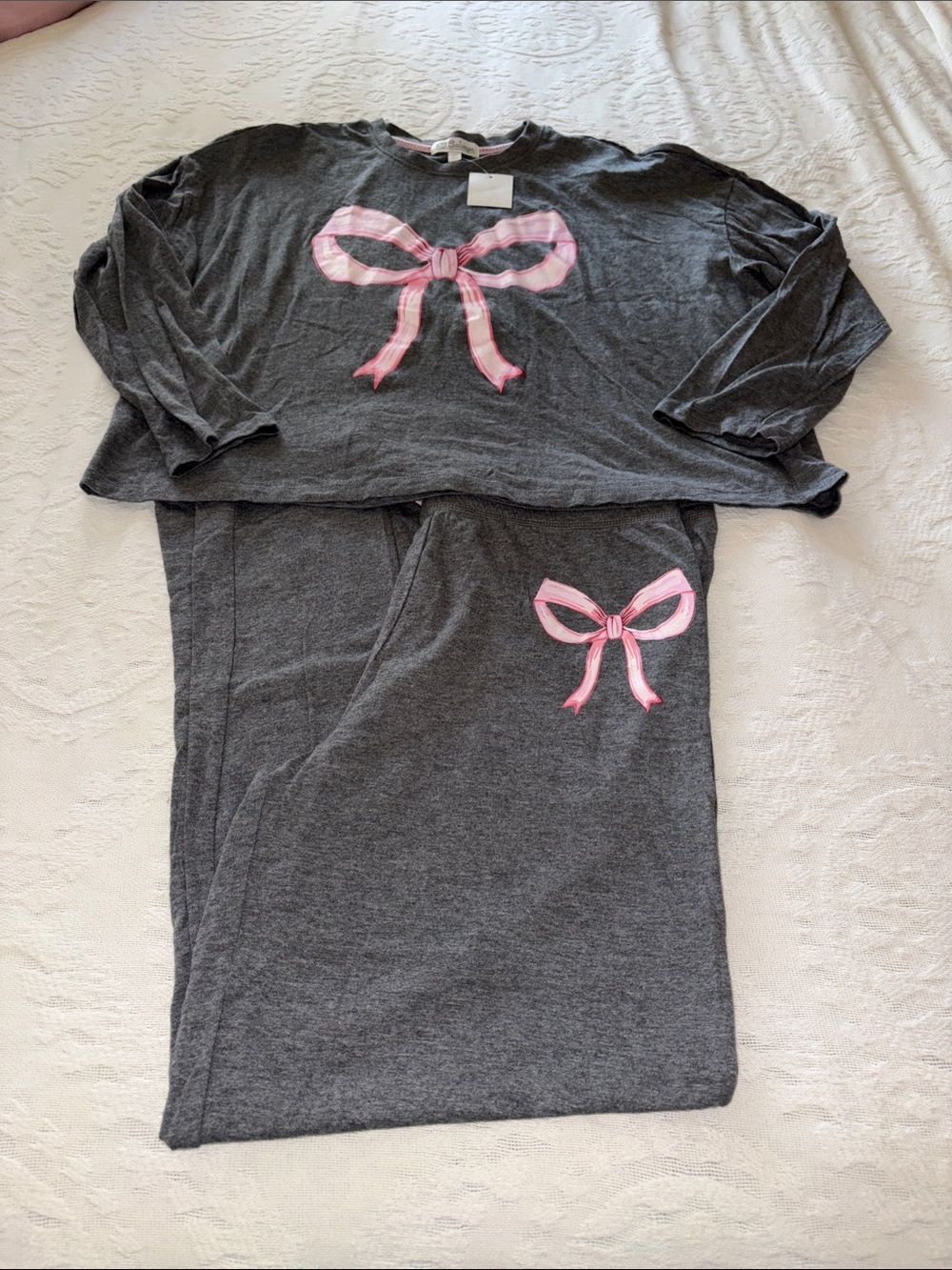 PJ Salvage Women’s Gray Lounge Pants Set with Pink Bow BNWT